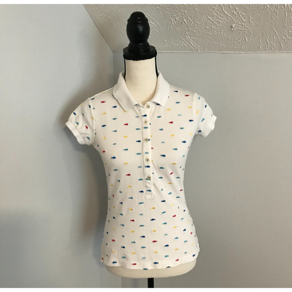 Lilly Pulitzer White Polo Shirt with Multi-Colored Embroidered Fish - Size EXSM - Picture 1 of 9